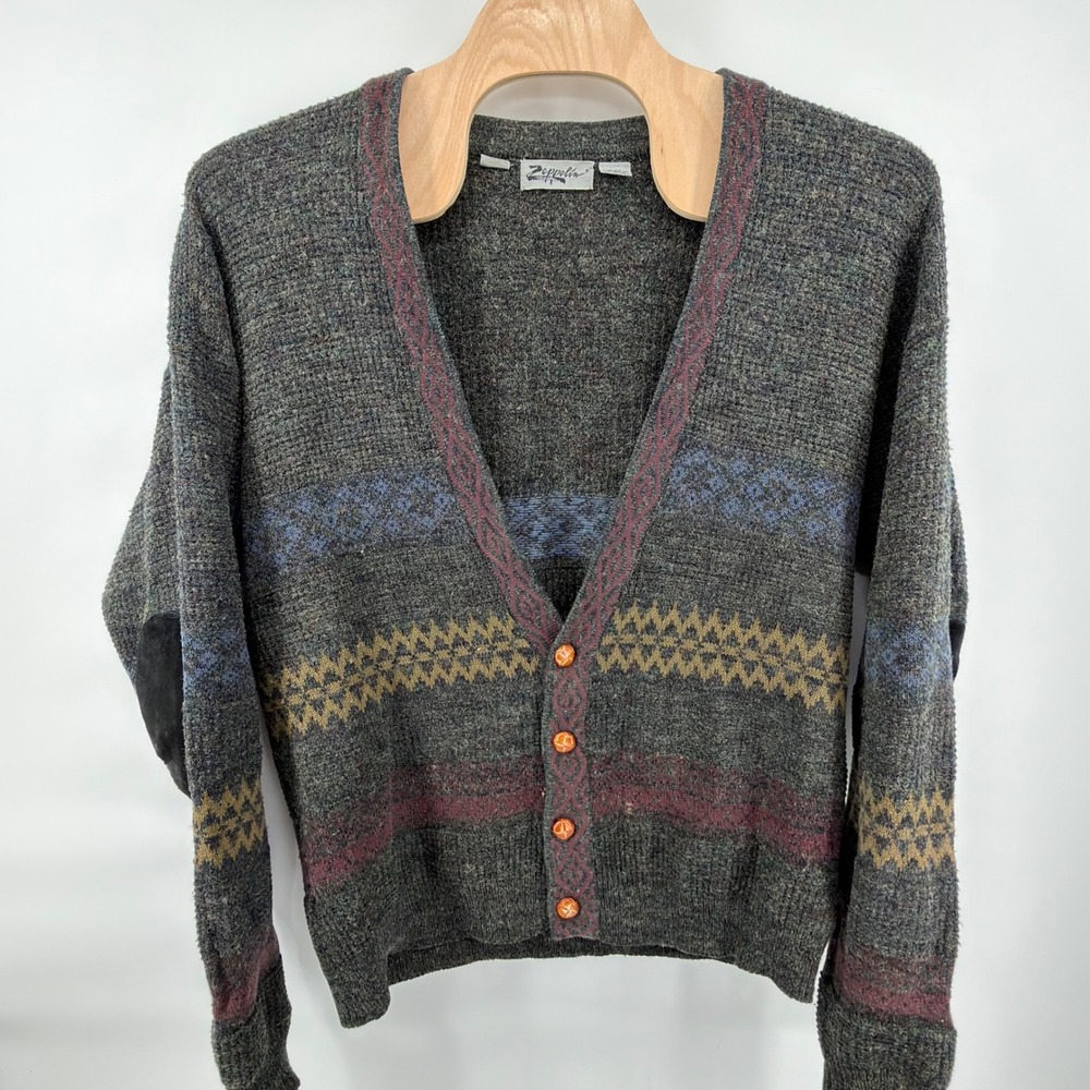 Zeppelin Cardigan Mens XLXT Gray Burgundy Blue Yellow Fair Isle Elbow Patches